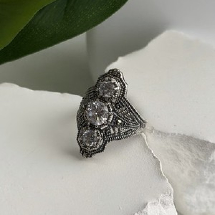 Vintage 925 Sterling Silver Cz & Marcasite Ring Size 6