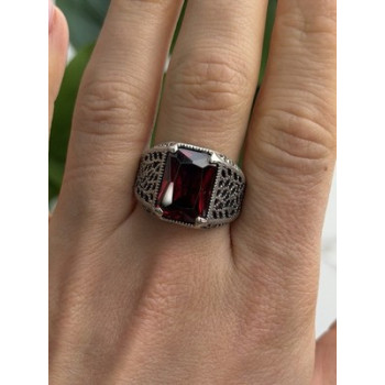 Men's 925 Sterling Silver Garnet Ring Size 12