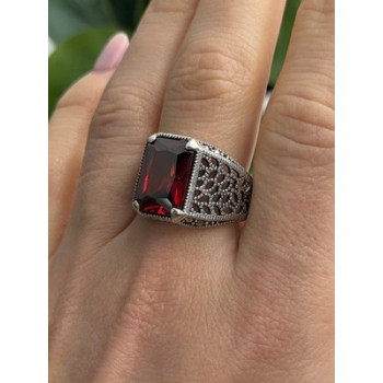 Men's 925 Sterling Silver Garnet Ring Size 12