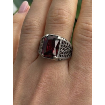 Men's 925 Sterling Silver Garnet Ring Size 12