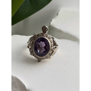925 Sterling Silver Turtle Amethyst & Marcasite Ring Size 6