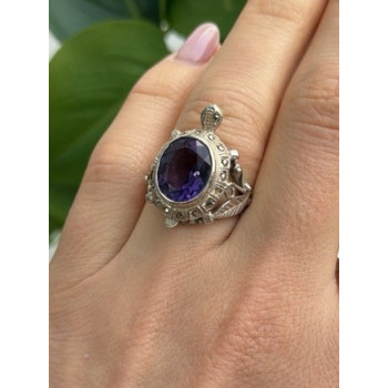 925 Sterling Silver Turtle Amethyst & Marcasite Ring Size 6