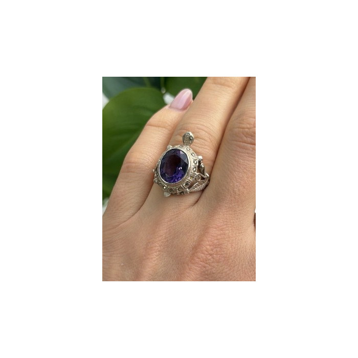 925 Sterling Silver Turtle Amethyst & Marcasite Ring Size 6