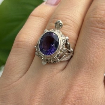 925 Sterling Silver Turtle Amethyst & Marcasite Ring Size 6