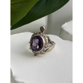 925 Sterling Silver Turtle Amethyst & Marcasite Ring Size 6