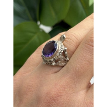 925 Sterling Silver Turtle Amethyst & Marcasite Ring Size 6