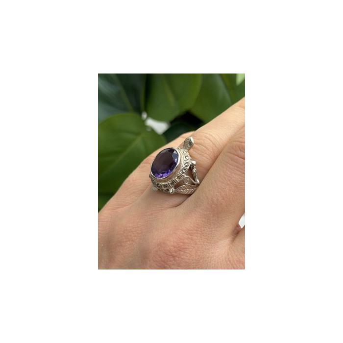 925 Sterling Silver Turtle Amethyst & Marcasite Ring Size 6
