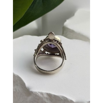925 Sterling Silver Turtle Amethyst & Marcasite Ring Size 6