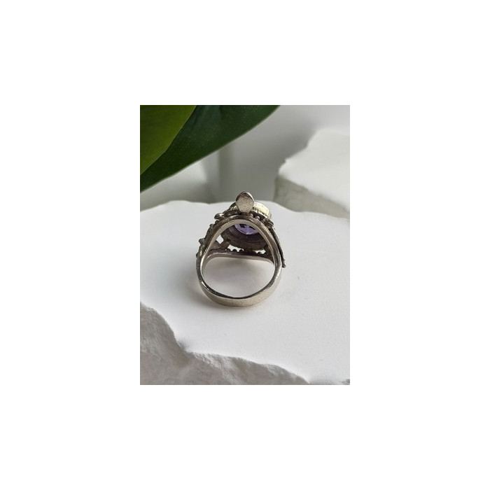 925 Sterling Silver Turtle Amethyst & Marcasite Ring Size 6