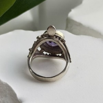 925 Sterling Silver Turtle Amethyst & Marcasite Ring Size 6