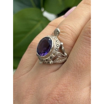 925 Sterling Silver Turtle Amethyst & Marcasite Ring Size 6