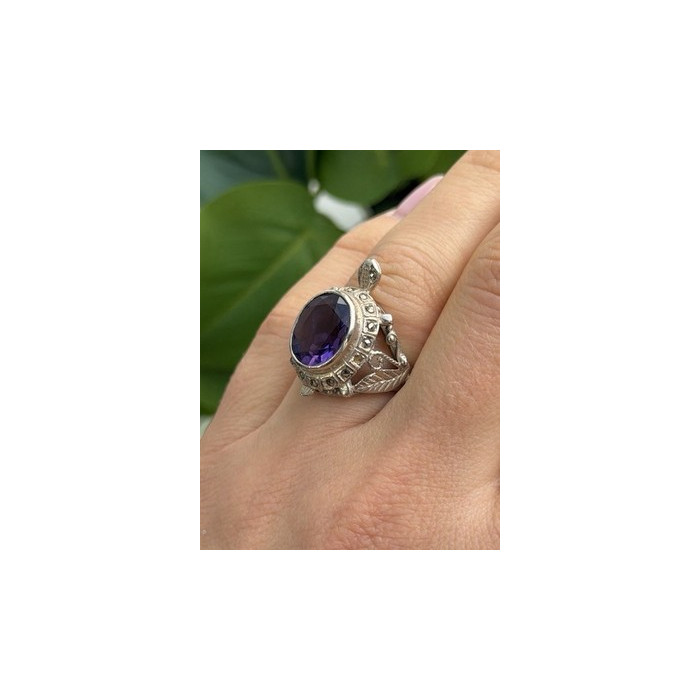 925 Sterling Silver Turtle Amethyst & Marcasite Ring Size 6