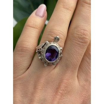 925 Sterling Silver Turtle Amethyst & Marcasite Ring Size 6