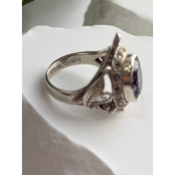 925 Sterling Silver Turtle Amethyst & Marcasite Ring Size 6
