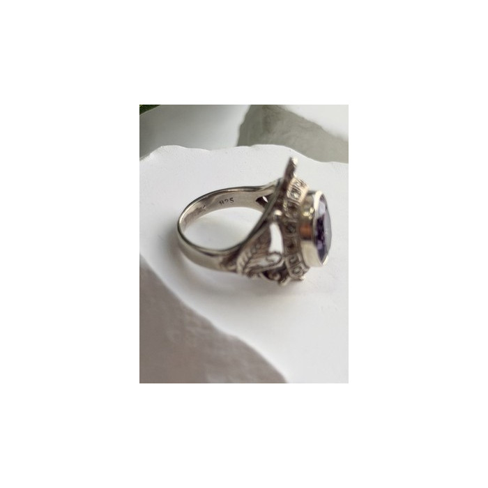 925 Sterling Silver Turtle Amethyst & Marcasite Ring Size 6