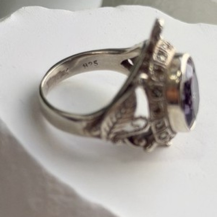 925 Sterling Silver Turtle Amethyst & Marcasite Ring Size 6