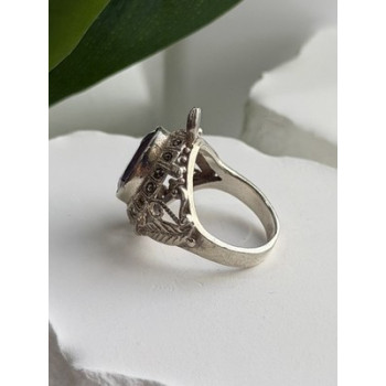 925 Sterling Silver Turtle Amethyst & Marcasite Ring Size 6