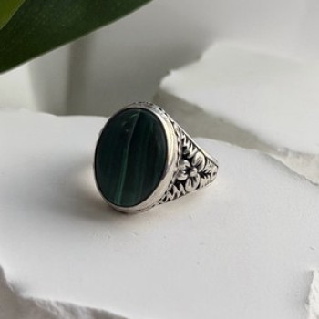 Vintage 925 Sterling Silver Malachite Ring Size 7