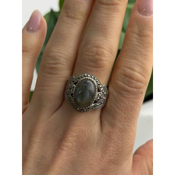 925 Sterling Silver Labradorite & Marcasite Ring Size 10