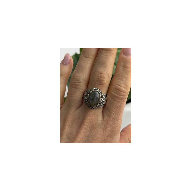 925 Sterling Silver Labradorite & Marcasite Ring Size 10