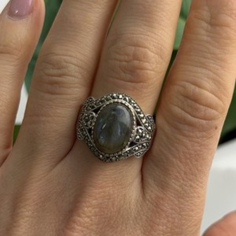 925 Sterling Silver Labradorite & Marcasite Ring Size 10