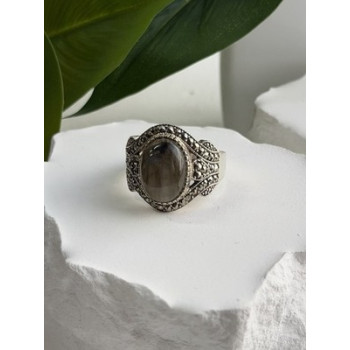 925 Sterling Silver Labradorite & Marcasite Ring Size 10