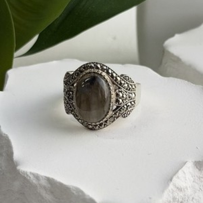 925 Sterling Silver Labradorite & Marcasite Ring Size 10