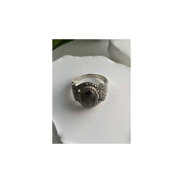 925 Sterling Silver Labradorite & Marcasite Ring Size 10