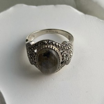 925 Sterling Silver Labradorite & Marcasite Ring Size 10