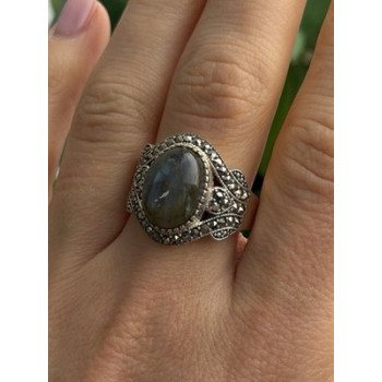 925 Sterling Silver Labradorite & Marcasite Ring Size 10