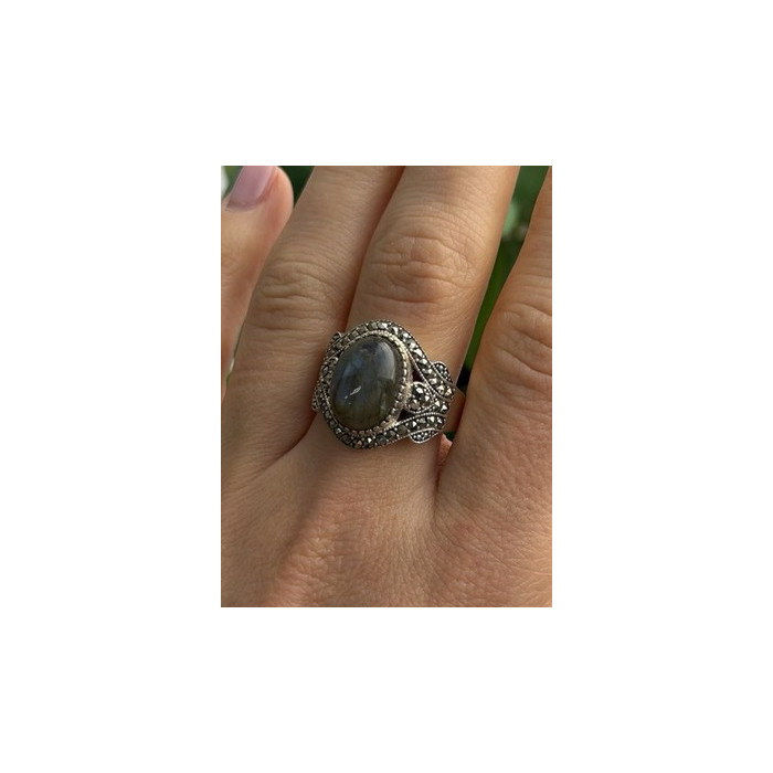 925 Sterling Silver Labradorite & Marcasite Ring Size 10