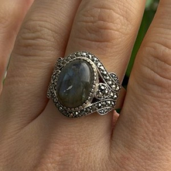 925 Sterling Silver Labradorite & Marcasite Ring Size 10