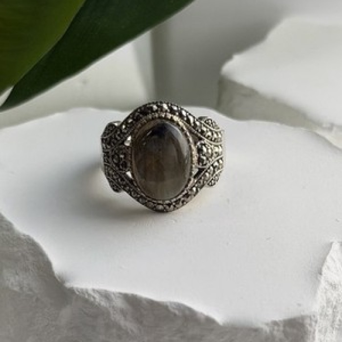 925 Sterling Silver Labradorite & Marcasite Ring Size 10