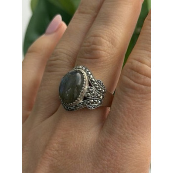 925 Sterling Silver Labradorite & Marcasite Ring Size 10