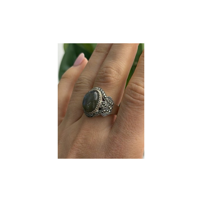 925 Sterling Silver Labradorite & Marcasite Ring Size 10