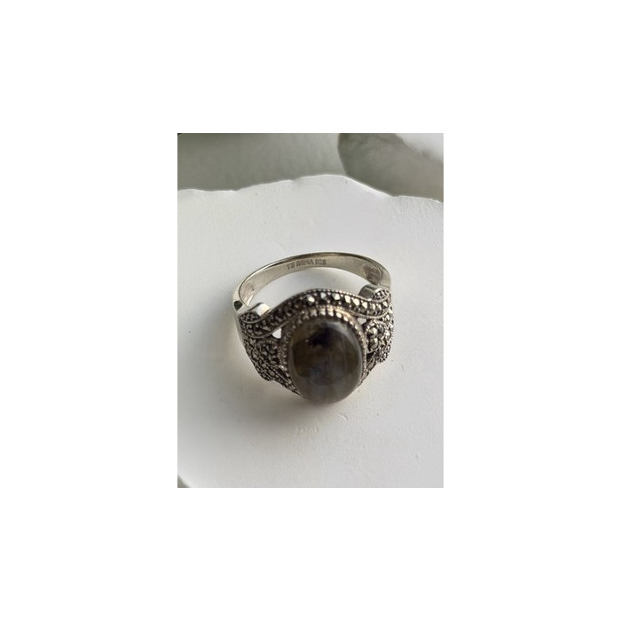 925 Sterling Silver Labradorite & Marcasite Ring Size 10