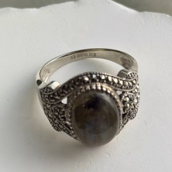 925 Sterling Silver Labradorite & Marcasite Ring Size 10