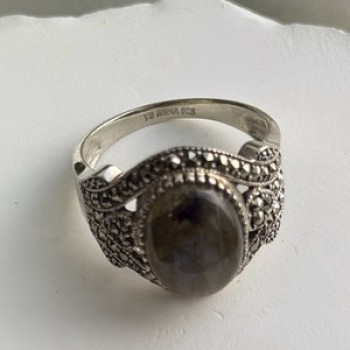 925 Sterling Silver Labradorite & Marcasite Ring Size 10