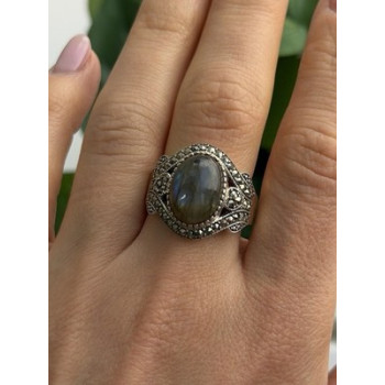 925 Sterling Silver Labradorite & Marcasite Ring Size 10