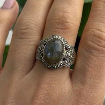 925 Sterling Silver Labradorite & Marcasite Ring Size 10