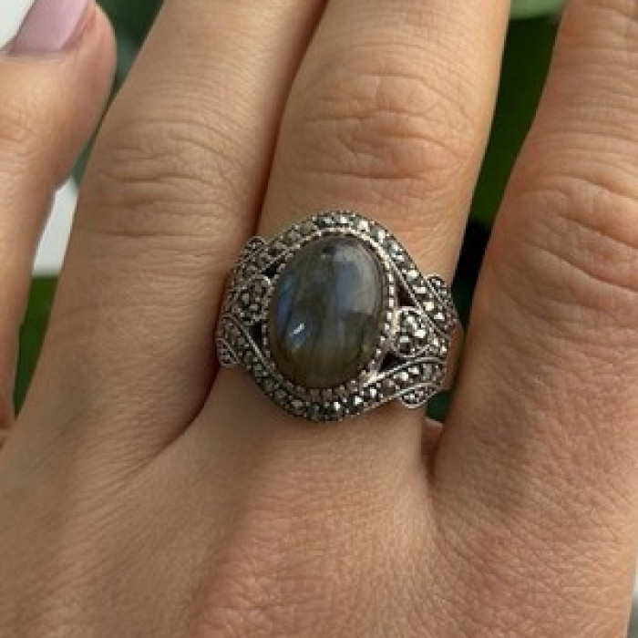 925 Sterling Silver Labradorite & Marcasite Ring Size 10