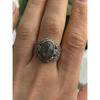 925 Sterling Silver Labradorite & Marcasite Ring Size 10
