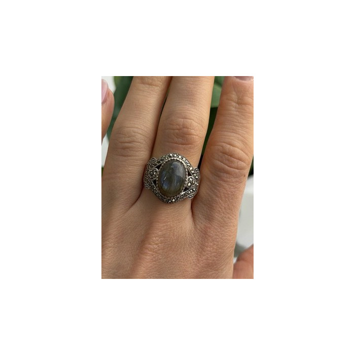 925 Sterling Silver Labradorite & Marcasite Ring Size 10