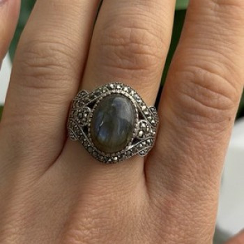 925 Sterling Silver Labradorite & Marcasite Ring Size 10
