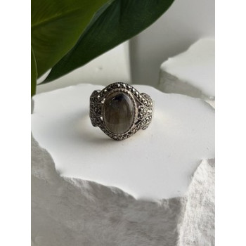 925 Sterling Silver Labradorite & Marcasite Ring Size 10