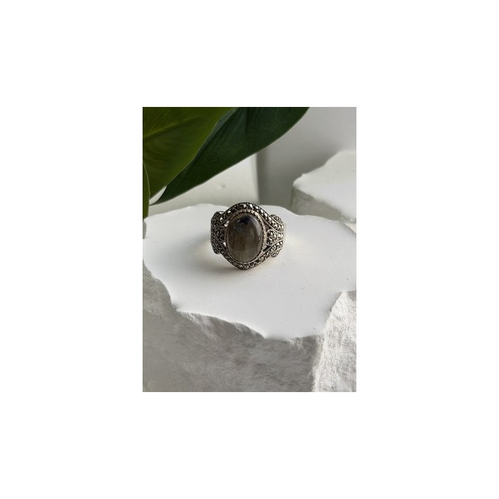 925 Sterling Silver Labradorite & Marcasite Ring Size 10