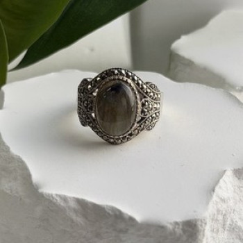 925 Sterling Silver Labradorite & Marcasite Ring Size 10