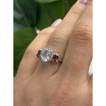 925 Sterling Silver Beryl & Garnet Ring Size 6.5