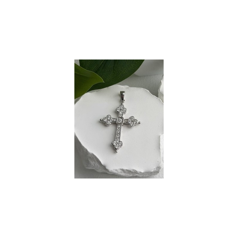925 Sterling Silver Cz Cross Length 1.9 in