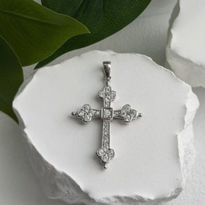 925 Sterling Silver Cz Cross Length 1.9 in